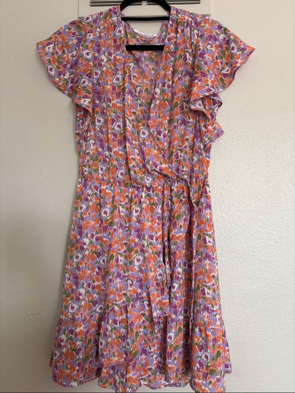 All in Favor Purple & Orange Floral Wrap Mini Dress